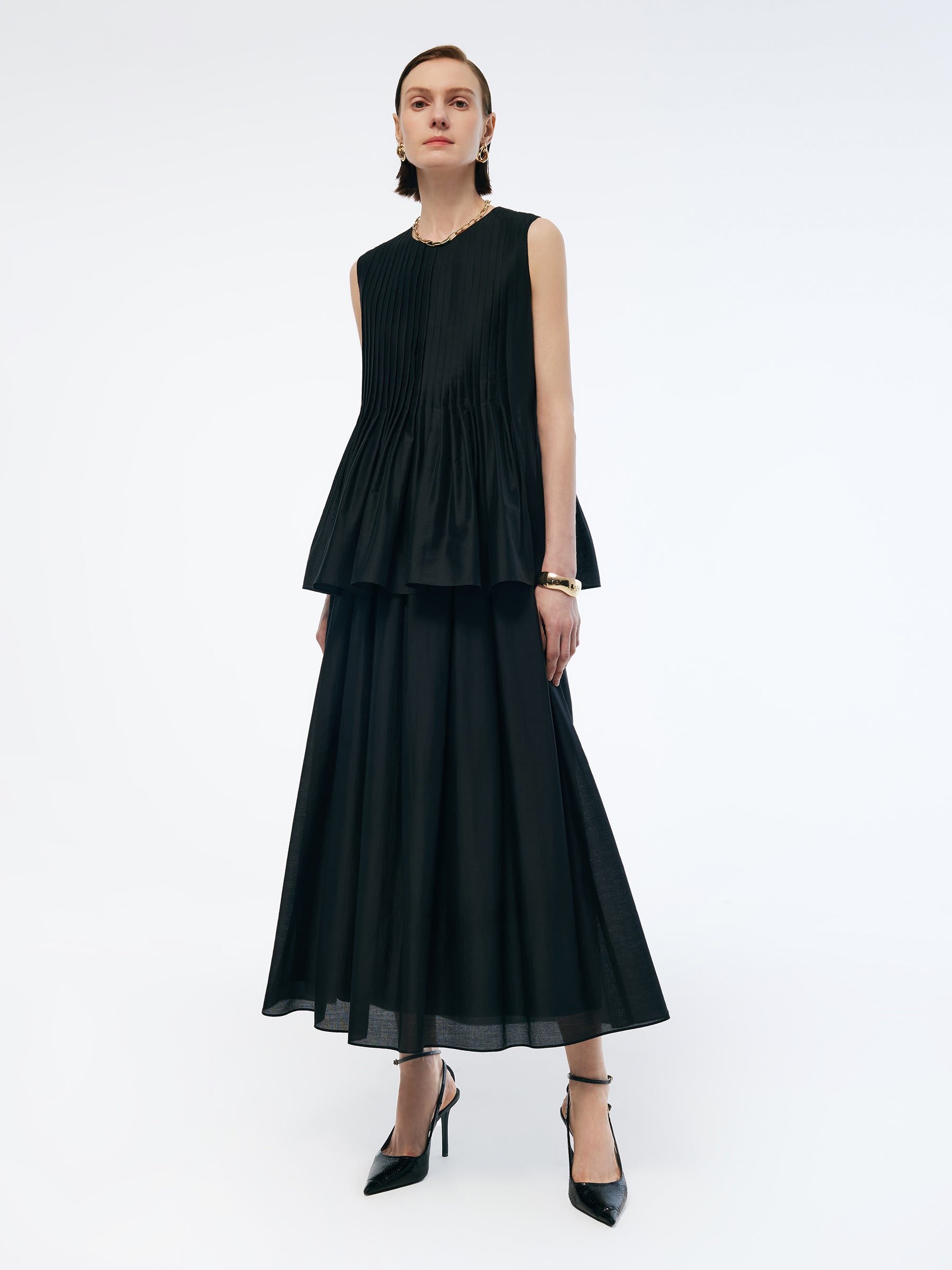 Tencel Blend Ruffle Hem Pleated Tank Top And A-Line Skirt Two-Piece Set GOELIA