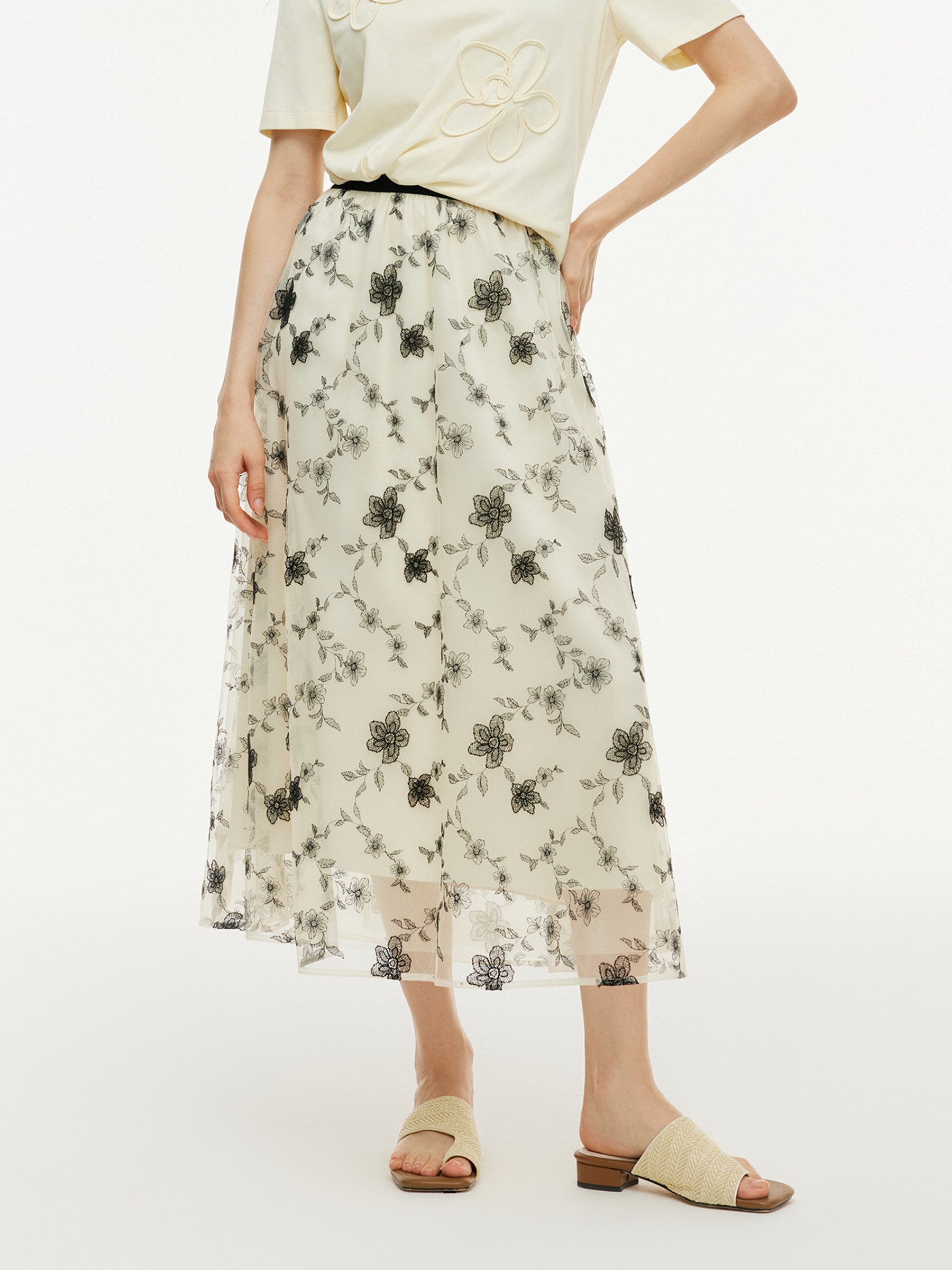 Floral Embroidered Women Elastic Waist Mesh Skirt GOELIA