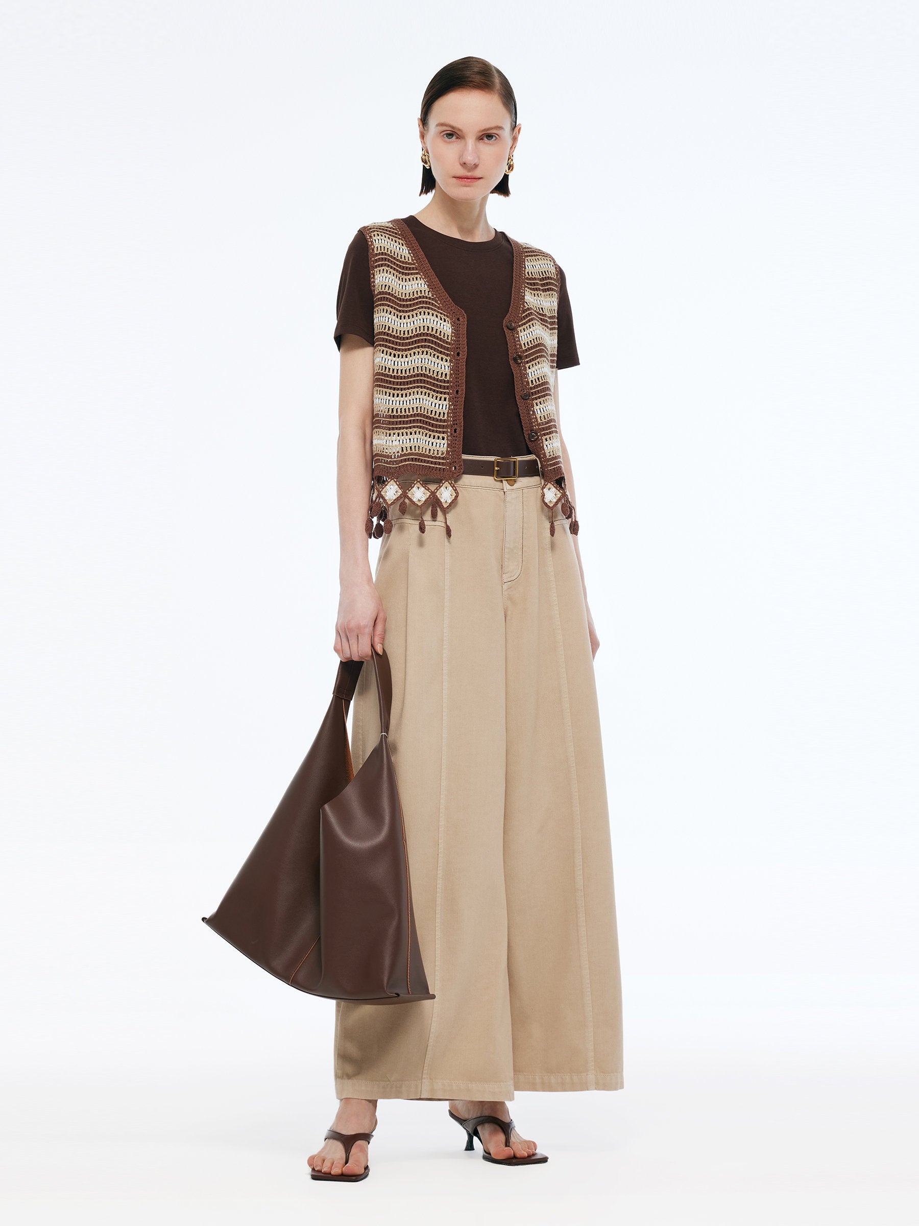 100% Cotton Stripe Open-Knit Vest And Knit T-shirt Two-Piece Set GOELIA
