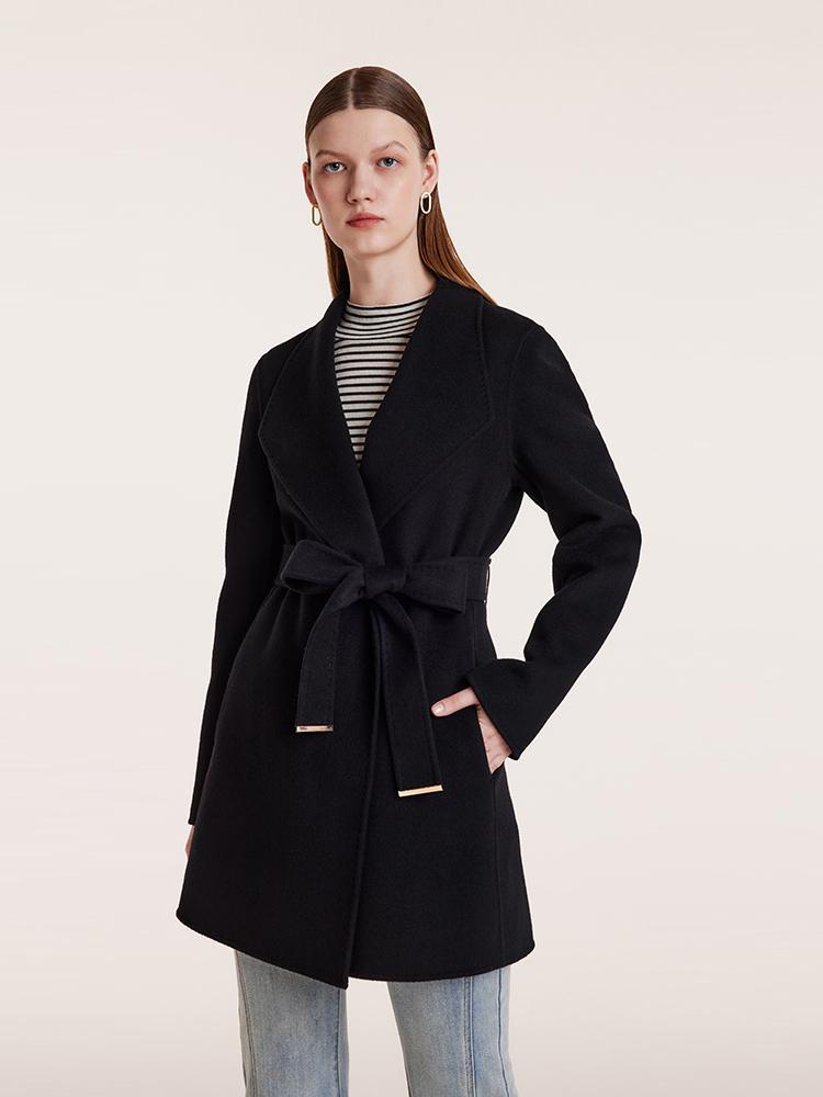 Tencel Wool Notched Lapel Mid-Length Coat With Belt GOELIA