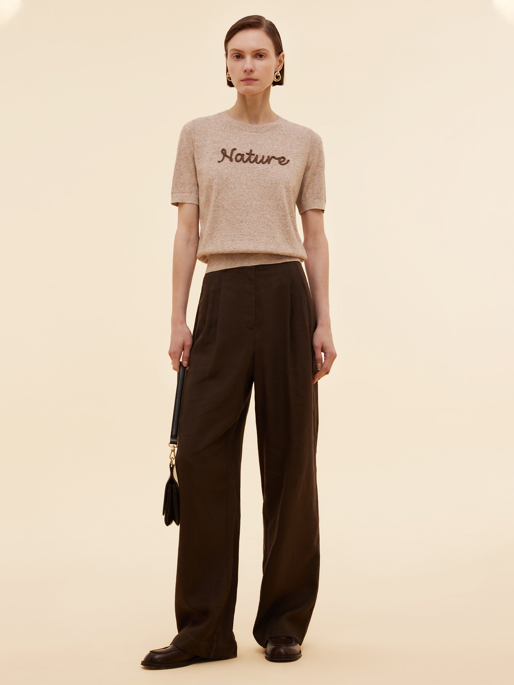 Linen Blend Letter Embroidered Women Knit Top GOELIA
