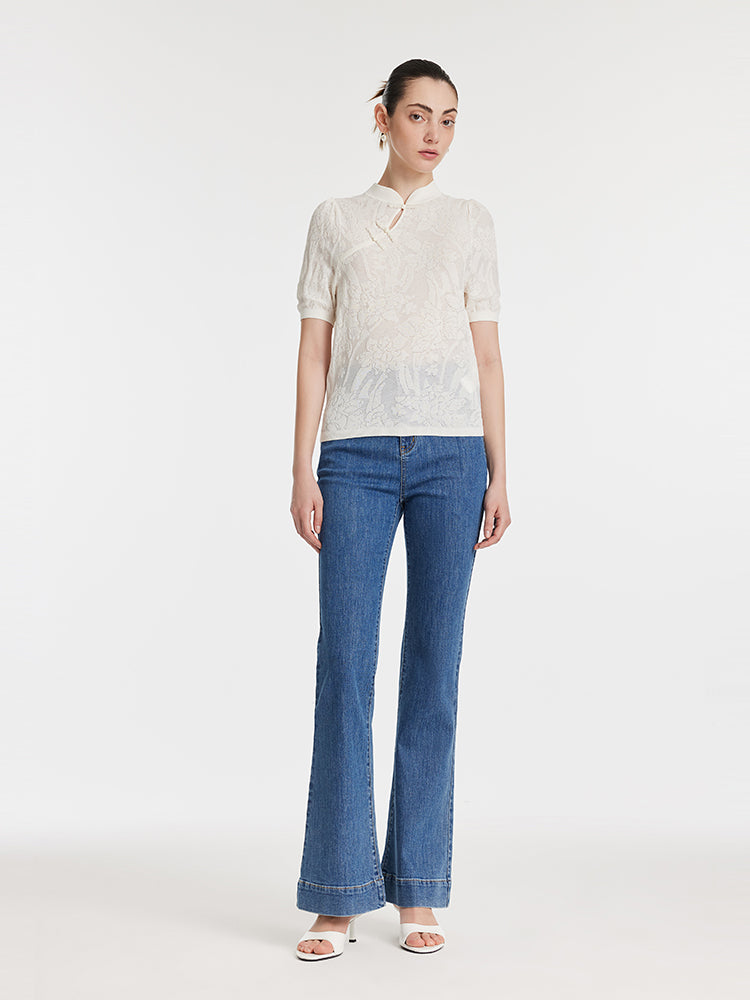 Iris Jacquard Sequins Mandarin Collared Women Knit Top GOELIA