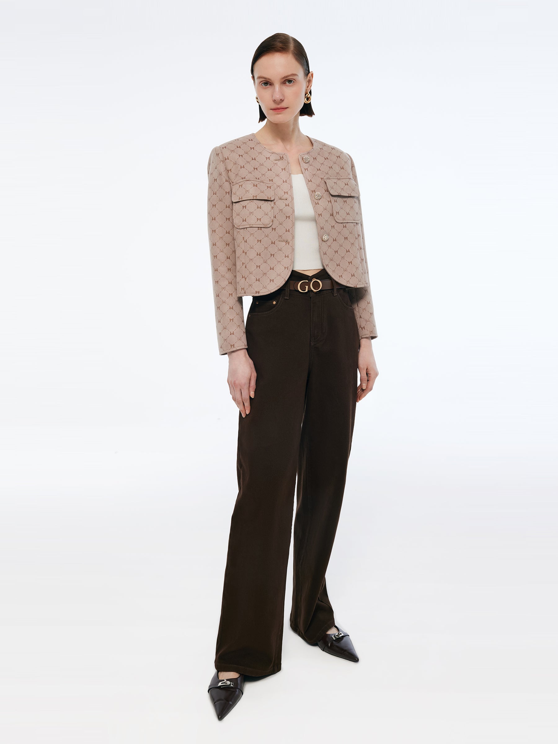 Faux Suede Round Neck Women Crop Jacket GOELIA