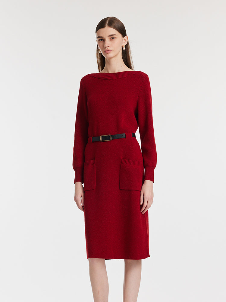 Slash Neck Knitted Women Midi Dress With Belt GOELIA