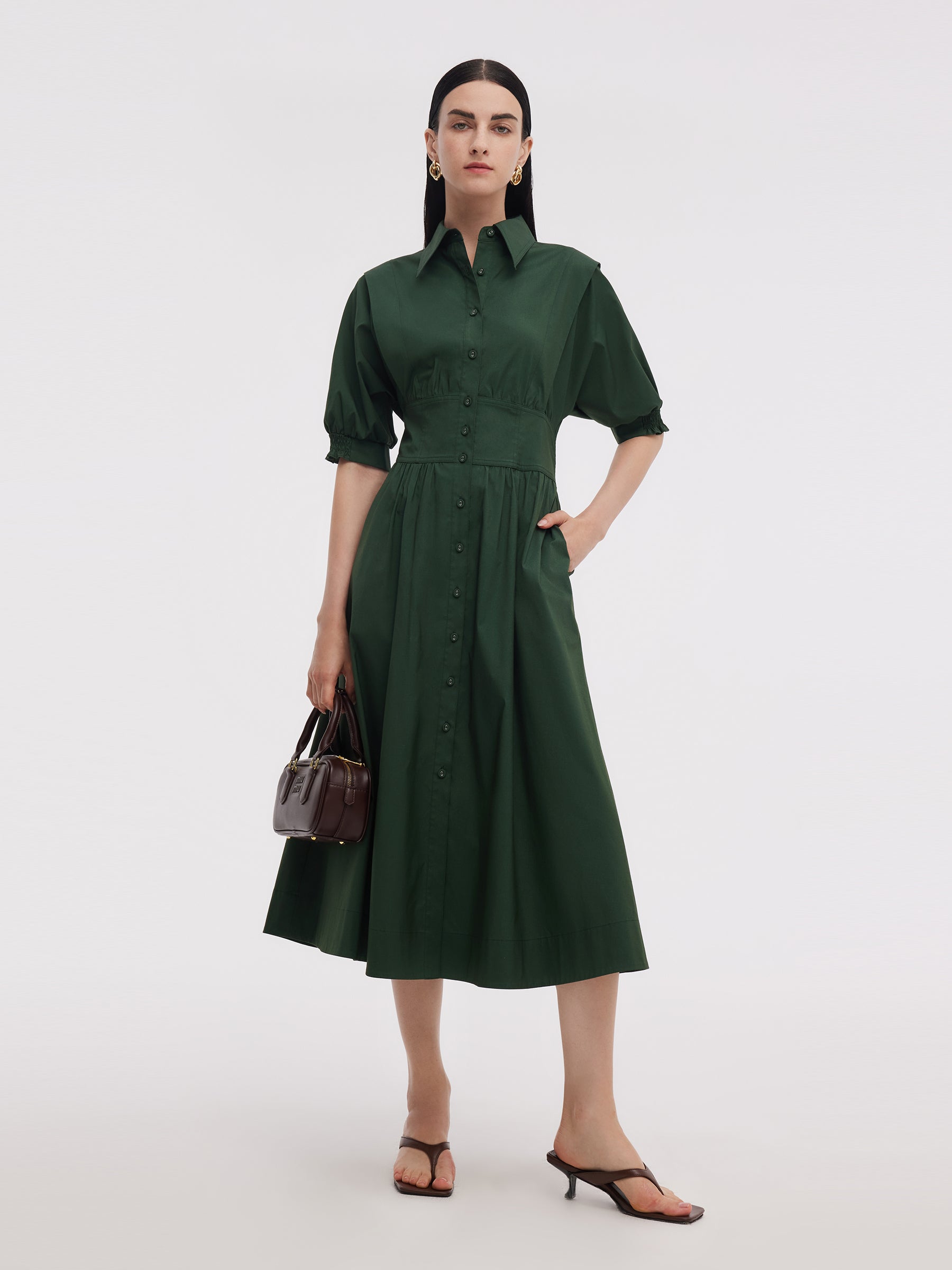 Dark Green Gathered Waist Women Maxi Shirt Dress GOELIA
