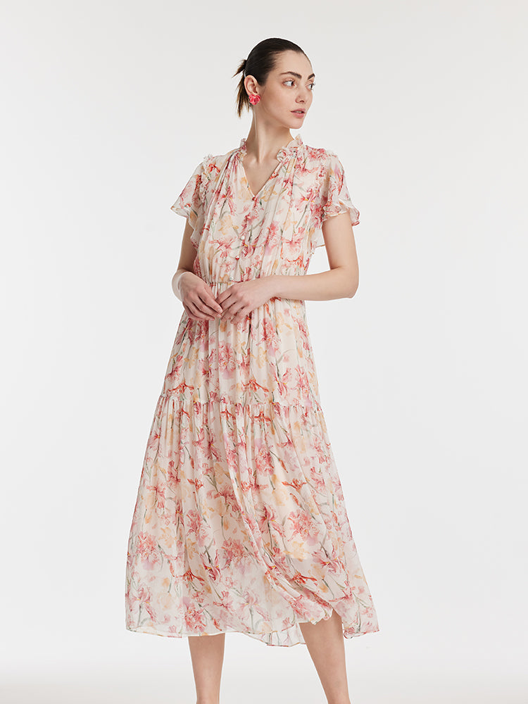 10 Momme Mulberry Silk Iris Printed V-Neck Ruffle Sleeves Women Maxi Dress GOELIA