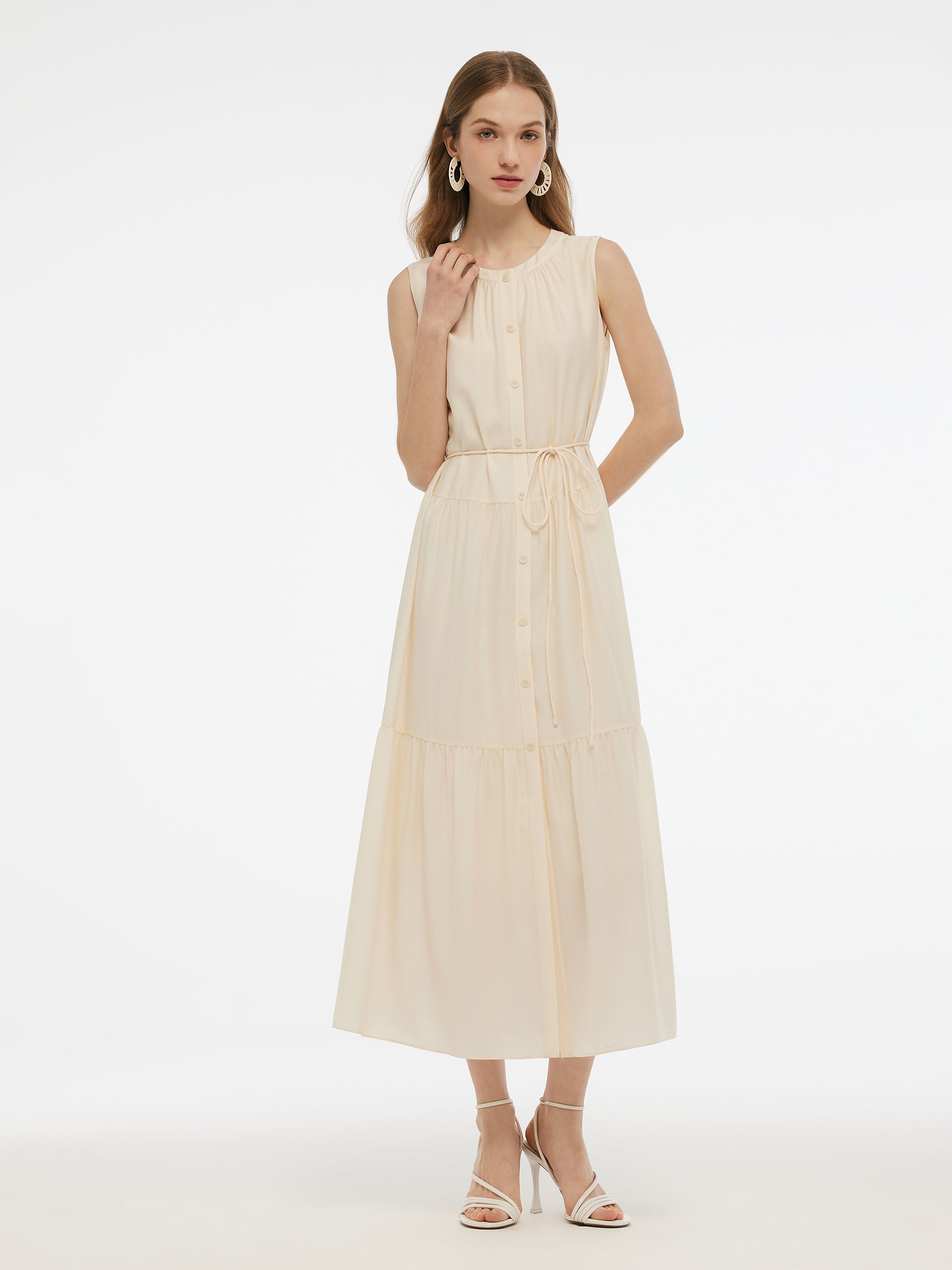 Acetate Blend Loose Fit Women A-Line Maxi Vest Dress With Belt GOELIA