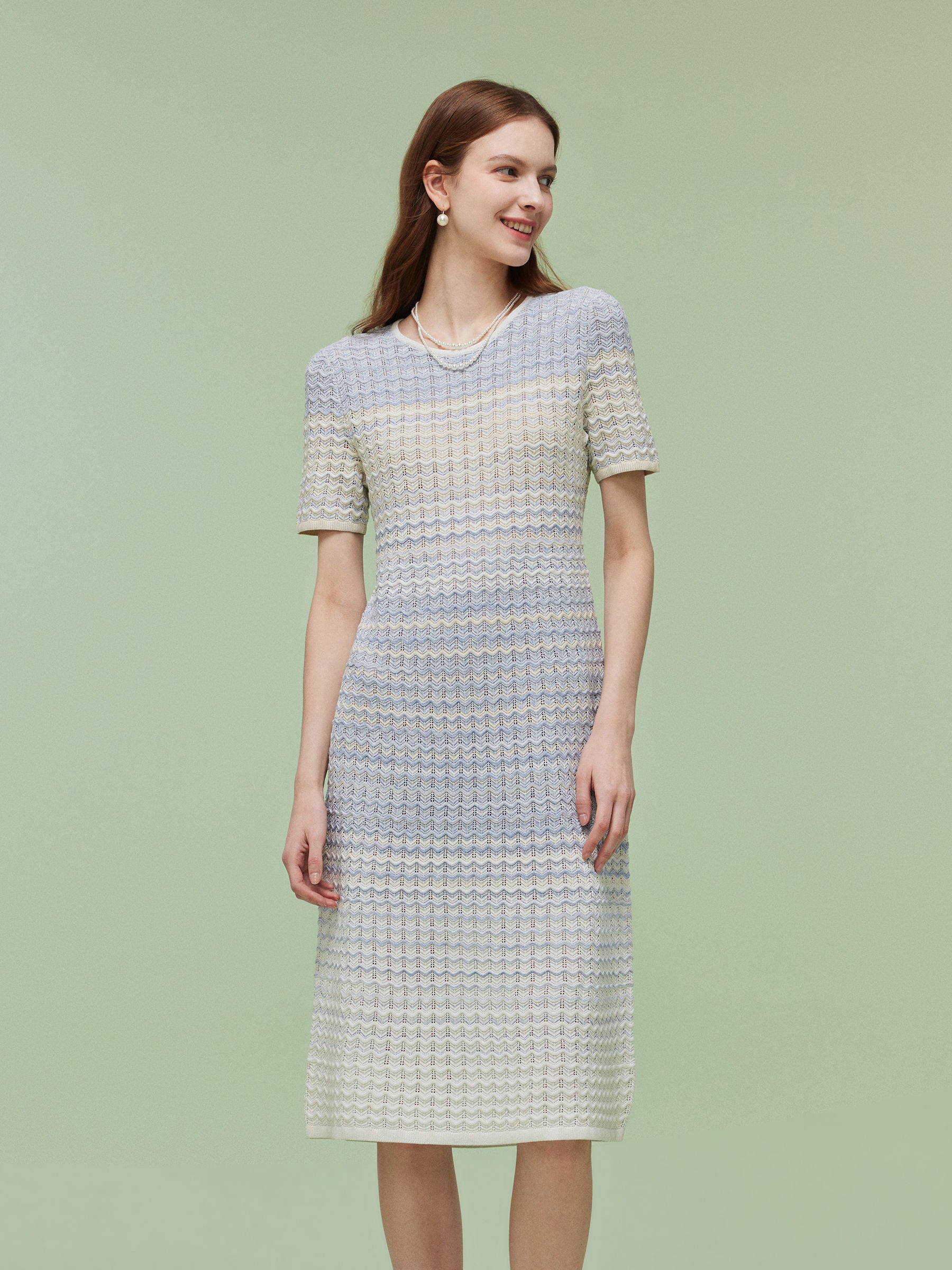 Blue And White Gradient Women Knit Midi Dress GOELIA