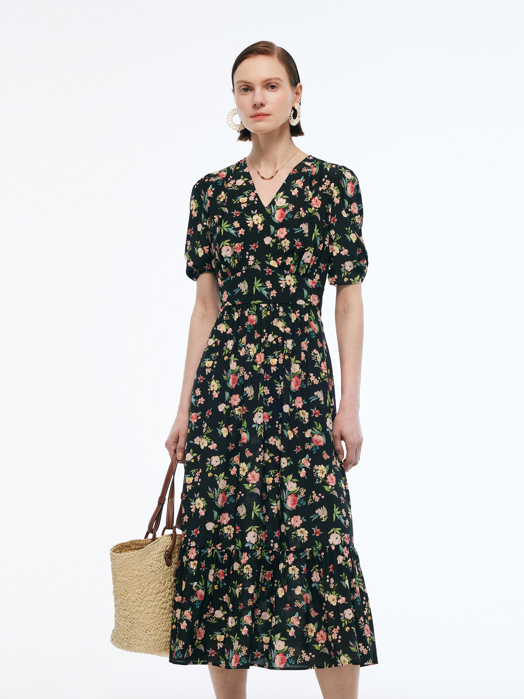 16MM Mulberry Silk Floral Print Women Puff Sleeve Maxi Dress GOELIA