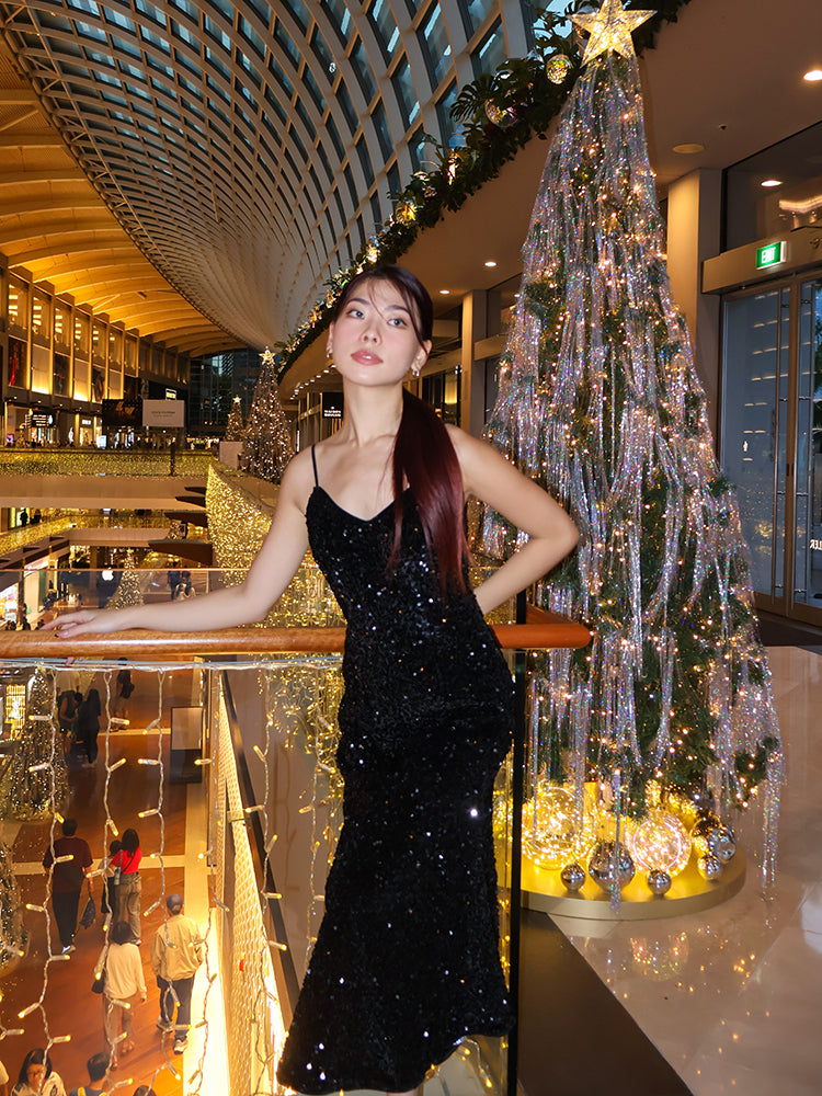 Velvet Sequins Women Strap Midi Dress GOELIA