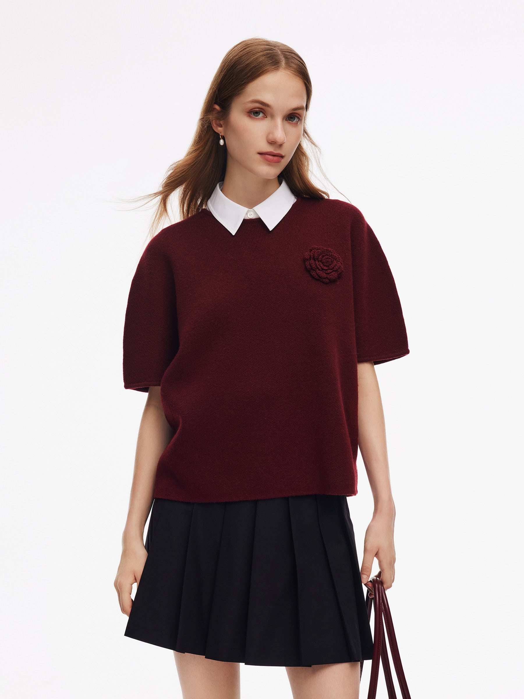 Wool Blend Women Knit Top With Detachable Brooch GOELIA