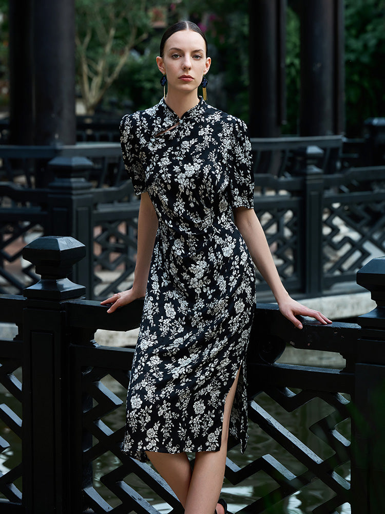 Camellia Printed Mandarin Collared Cheongsam Women Midi Qipao Dress GOELIA