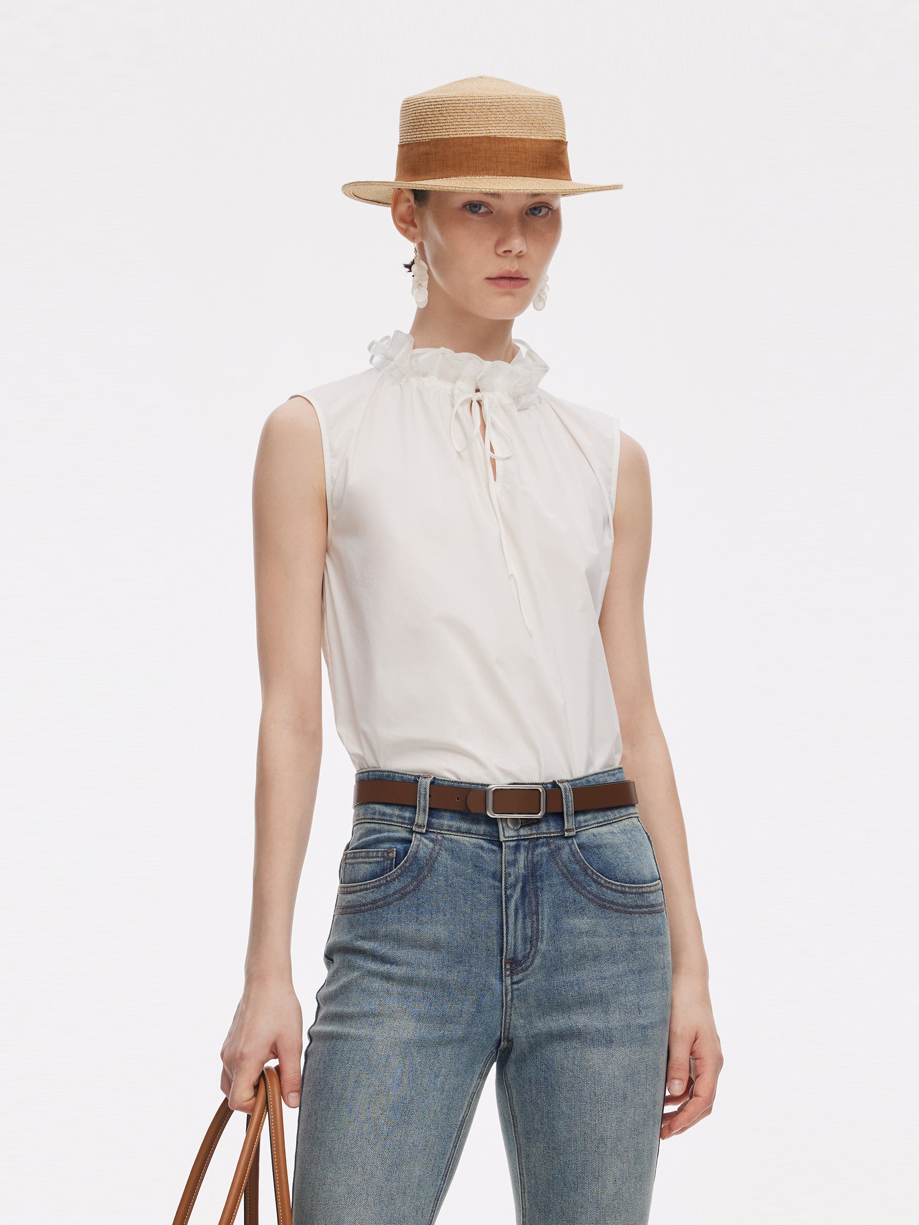 100% Cotton Ruffled Collar Women Sleeveless Blouse GOELIA