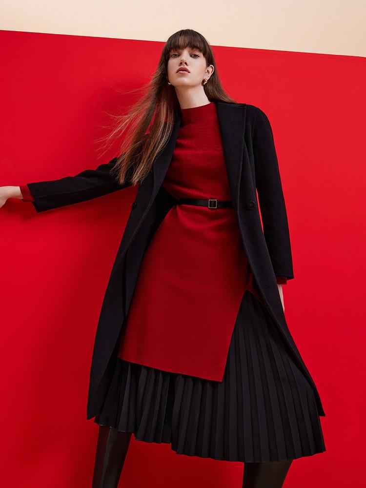 Black Wool And Cashmere Notched Lapel Women Coat GOELIA