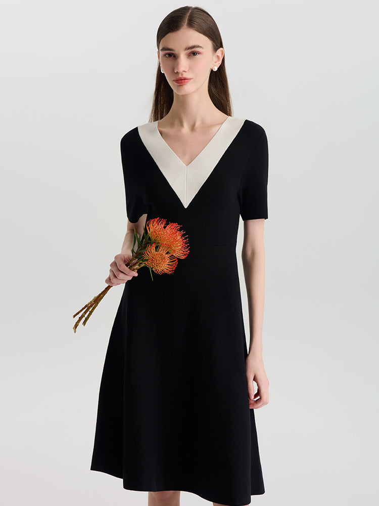 Contrast V-Neck Slim Knitted Women Midi Dress GOELIA