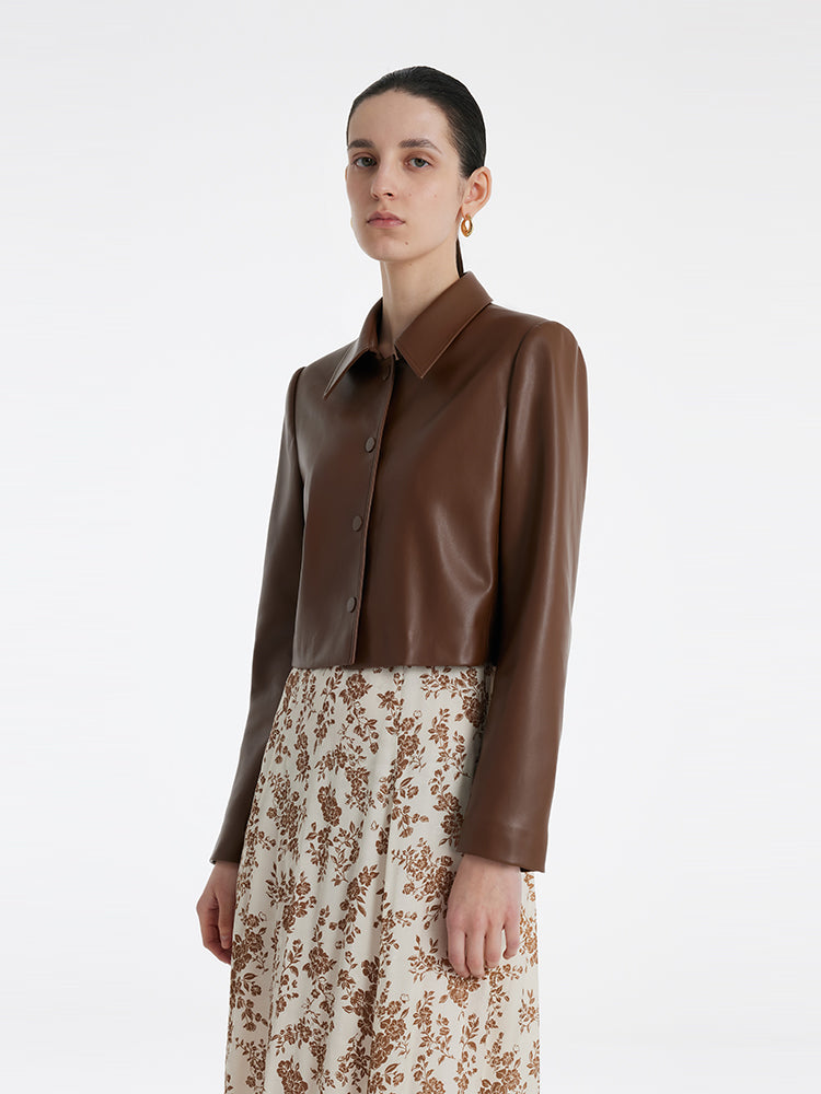Eco-Friendly Leather Lapel Women Crop Jacket GOELIA