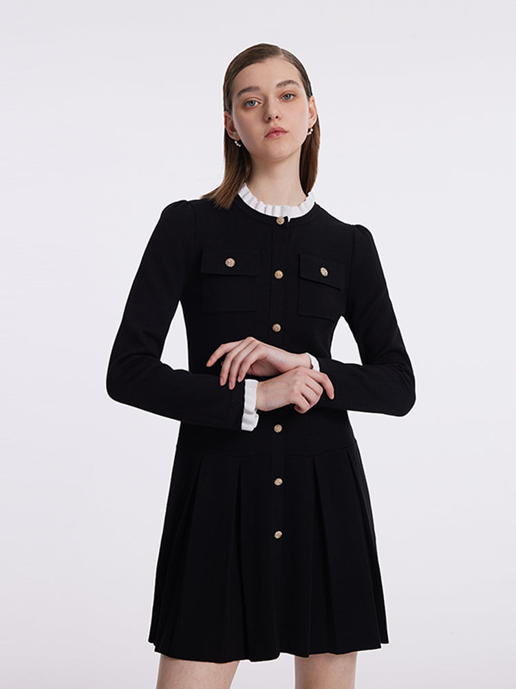 Ruffle Collared Single-Breasted Pleated Women Mini Dress GOELIA