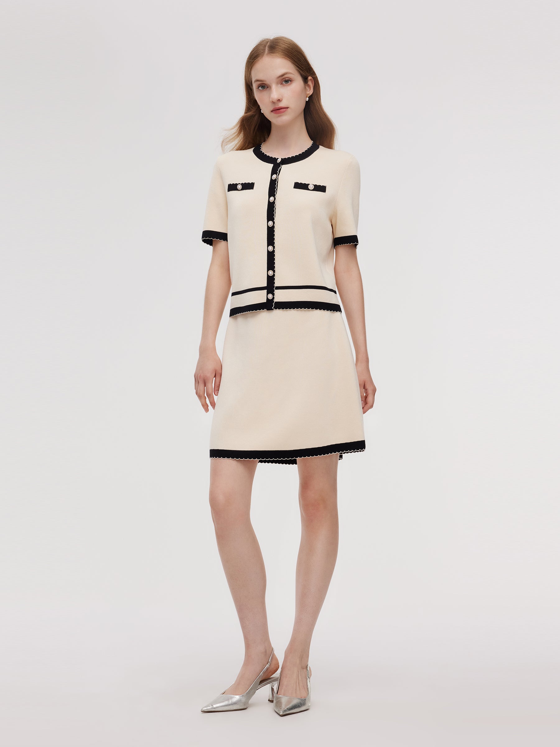 Lyocell Blend Contrast Trim Cardigan And Mini Skirt Two-Piece Set GOELIA