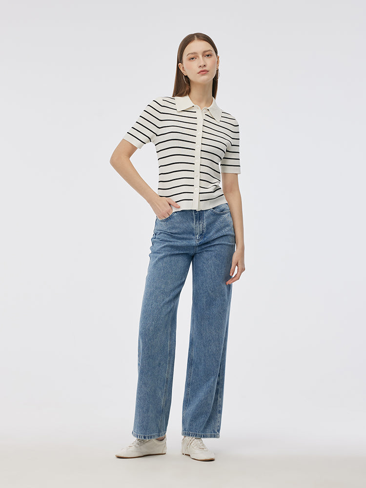 Tencel Stripe Women Short Sleeve Cardigan GOELIA