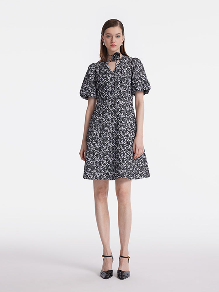 Jacquard Puff Sleeves V-Neck Women Mini Dress With 3D Rose Belt GOELIA