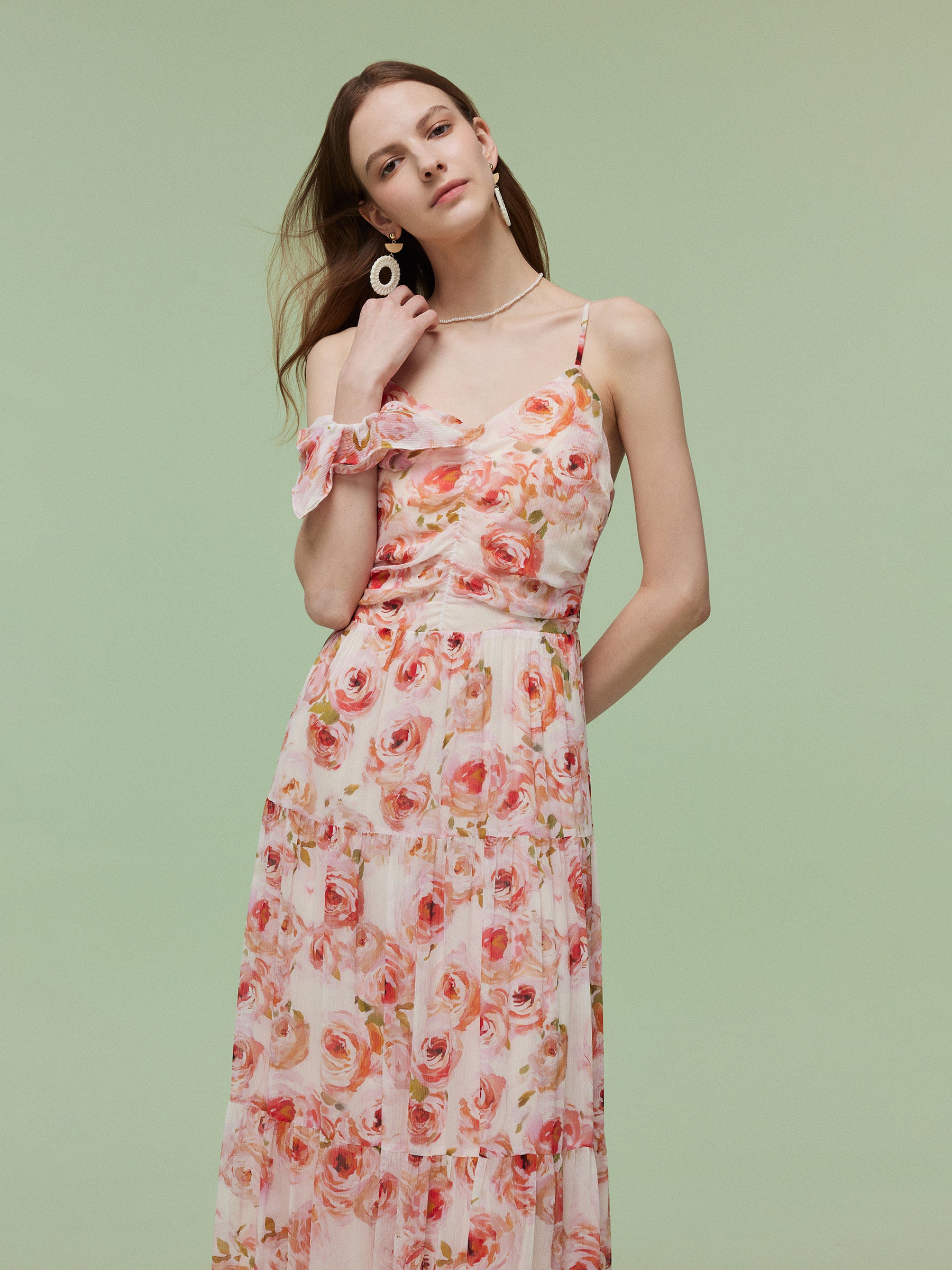 10MM Mulberry Silk Rose Print Strap Maxi Dress And Cardigan Two-Piece Set GOELIA