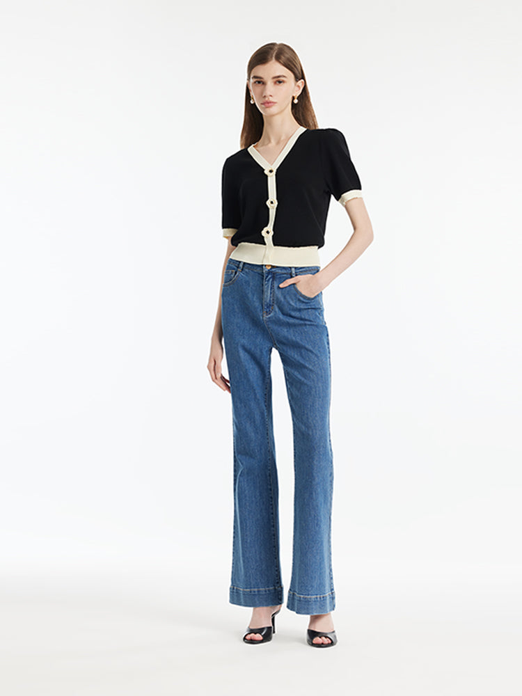 Tencel Contrast Trim V-Neck Women Knit Top With Detachable 3D Flower GOELIA