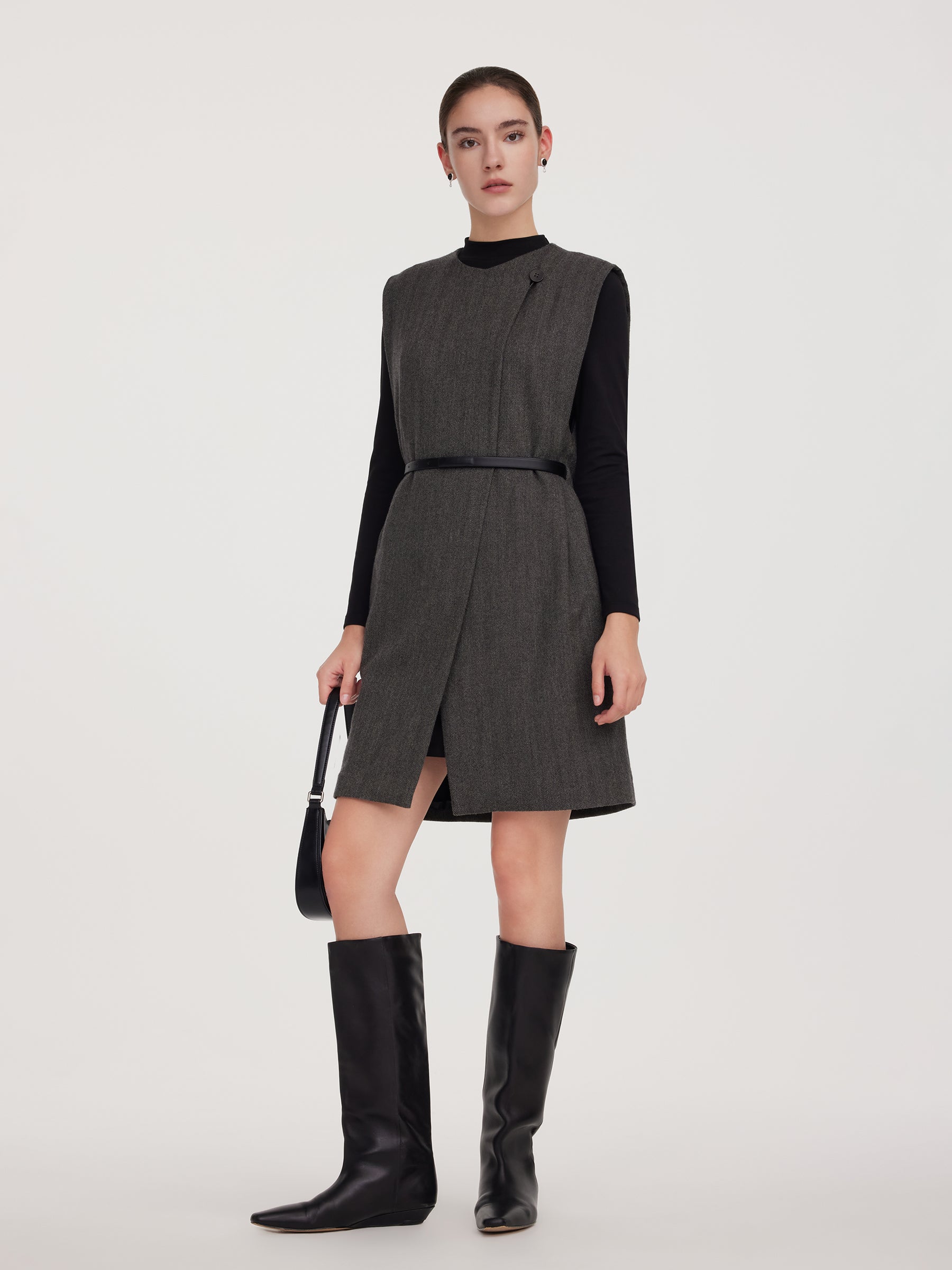 100% Wool Vest And Knit Dress Two-Piece Set With Belt, Charcoal grey / S 100% Wool Vest And Knit Dress Two-Piece Set With Belt, Charcoal grey / S