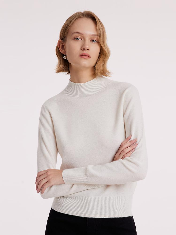 White Wool Sequins Seamless Mock Neck Women Sweater GOELIA