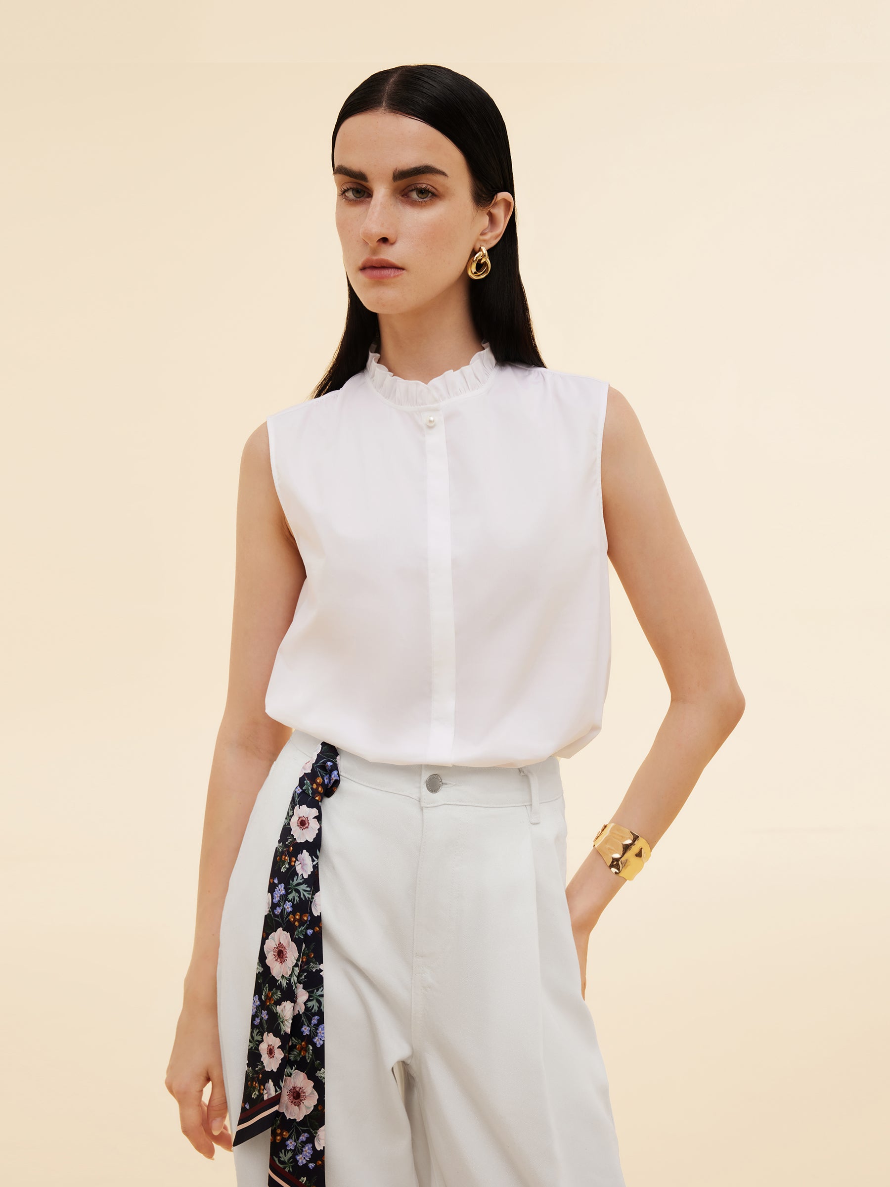 Ruffle Collar Women Sleeveless Shirt GOELIA