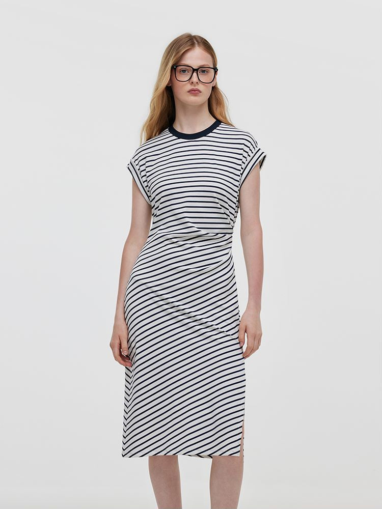 Striped Slit Ruched Women Midi Dress GOELIA