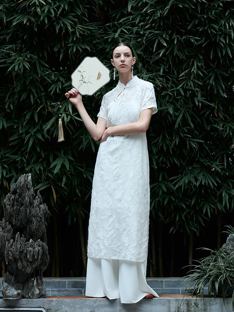 8.5 Momme Mulberry Silk Floral Women Qipao Midi Dress GOELIA