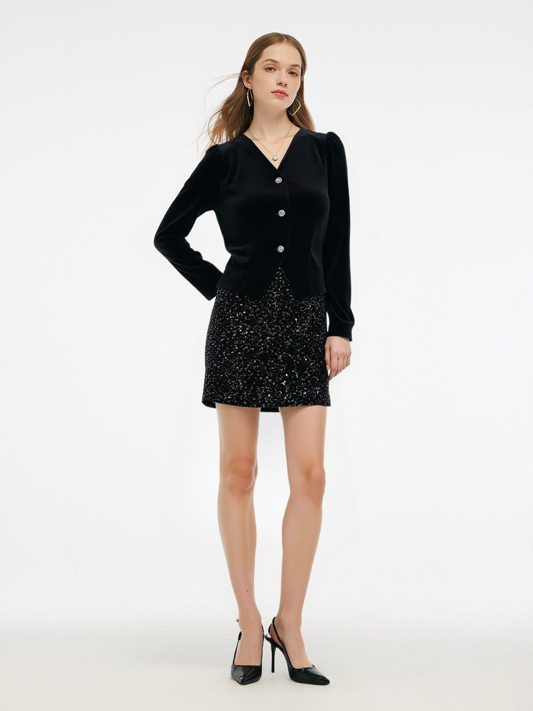 Velvet Puff Sleeve V-Neck Top And Sequins Skirt Two-Piece Set With Scrunchie GOELIA