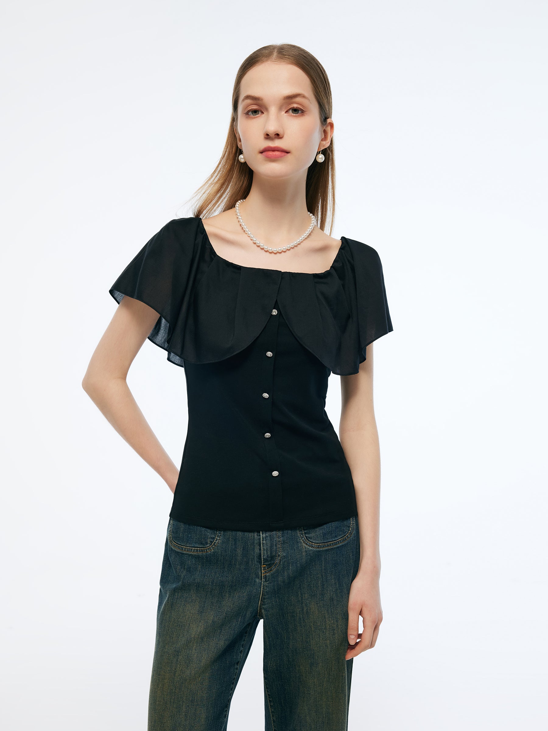Tencel Blend Convertible Neckline Women Ruffled Top GOELIA