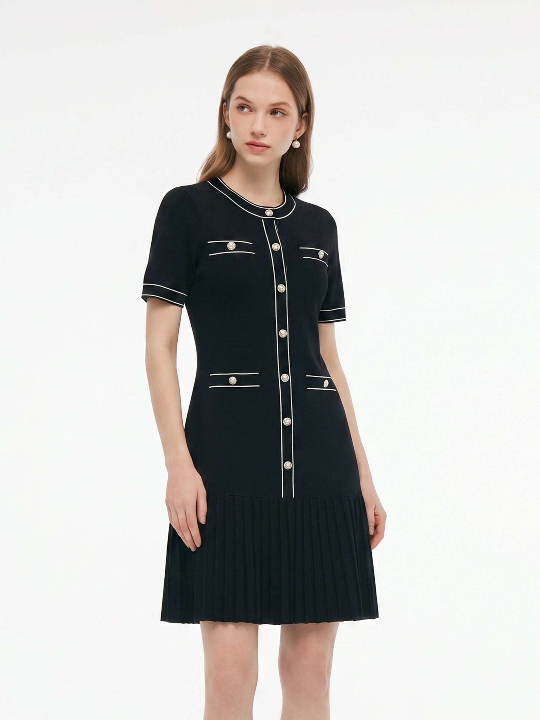 contrast trim mini dress Tencel Blend Contrast Trim Women Pleated Hem Knit Mini Dress, Black / L