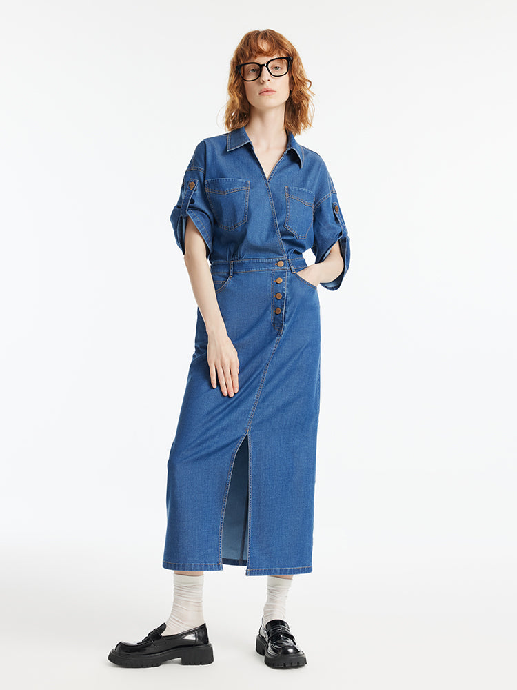 Denim V-Neck Slit Lapel Women Maxi Dress GOELIA