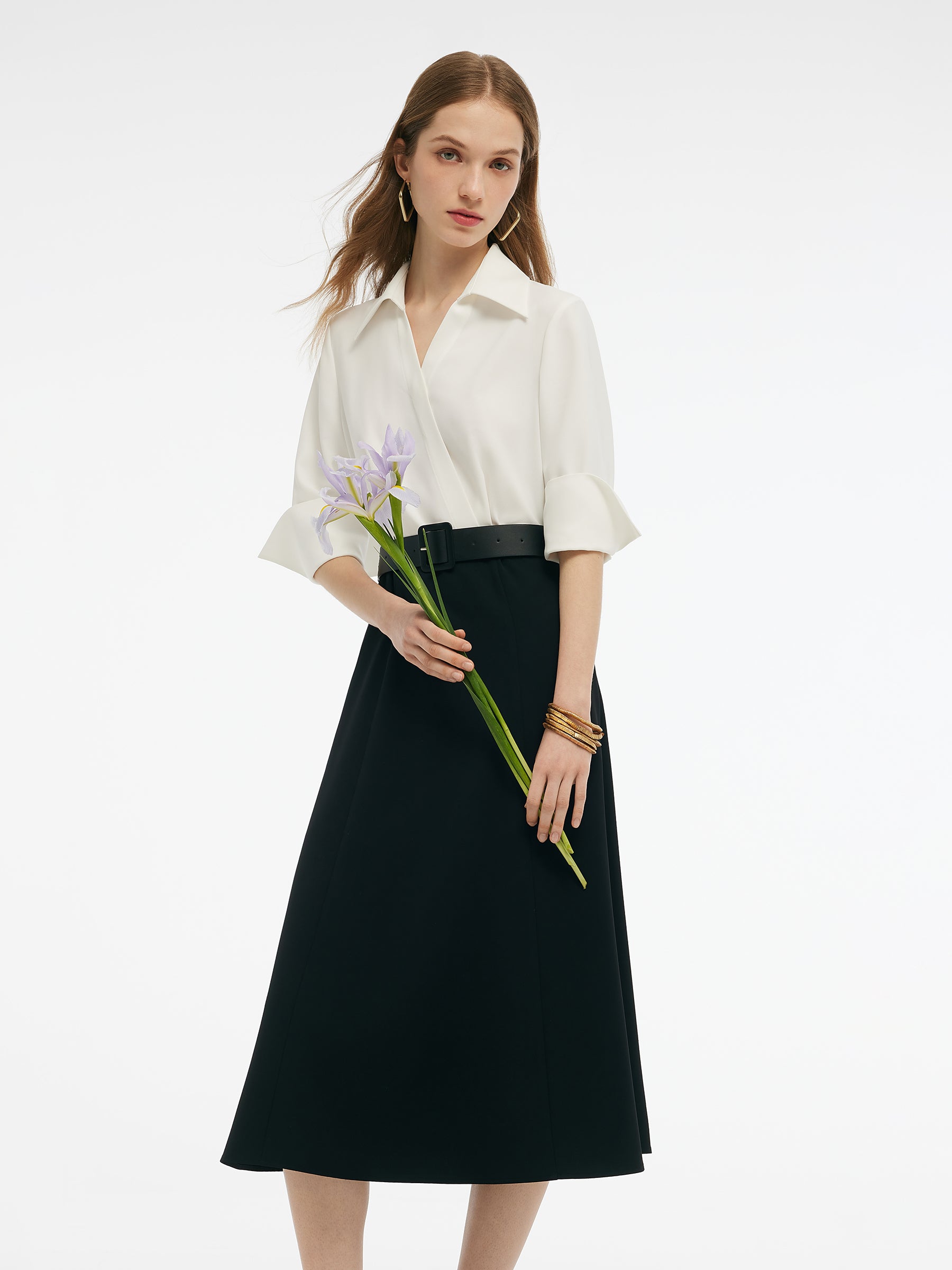 Faux Two-Piece Color Block Women Midi Dress With Leather Belt GOELIA