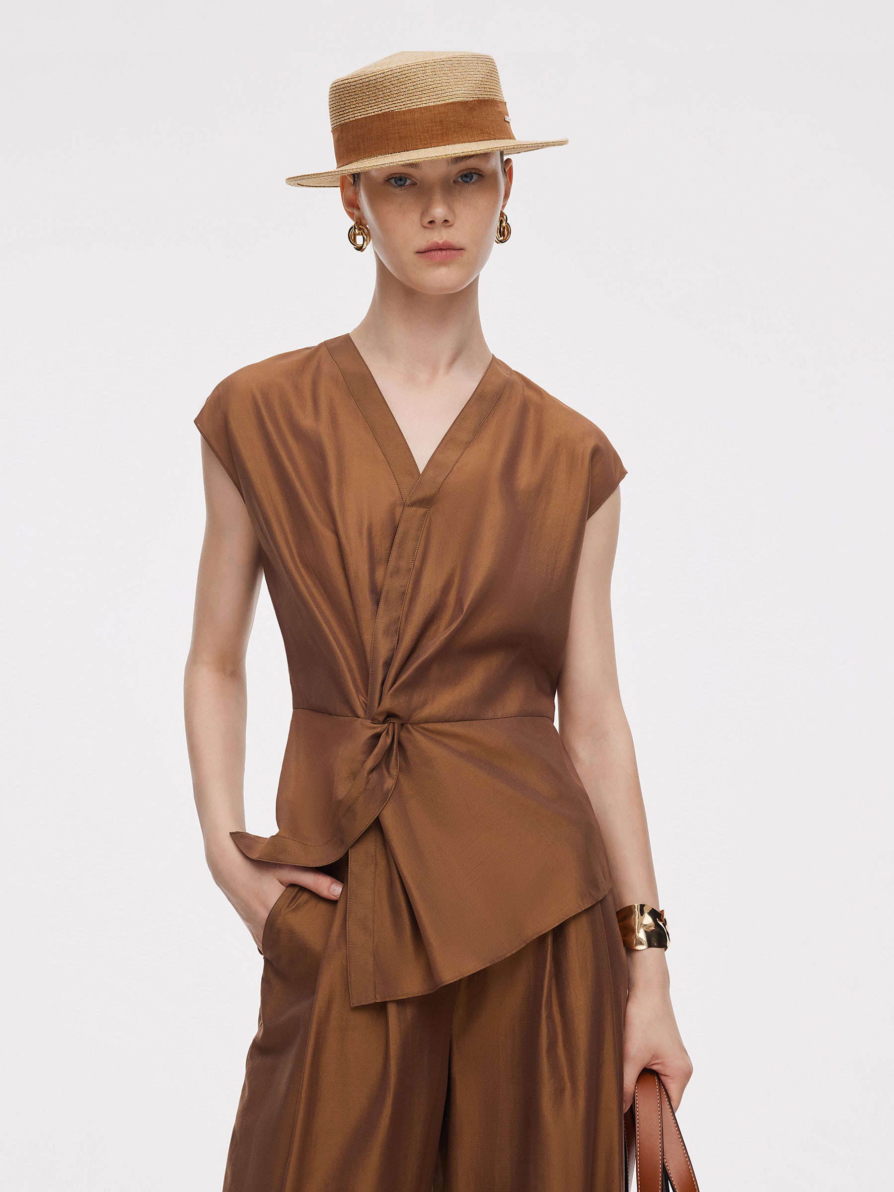 Acetate Modal Blend Twist Front Women Asymmetrical Top GOELIA
