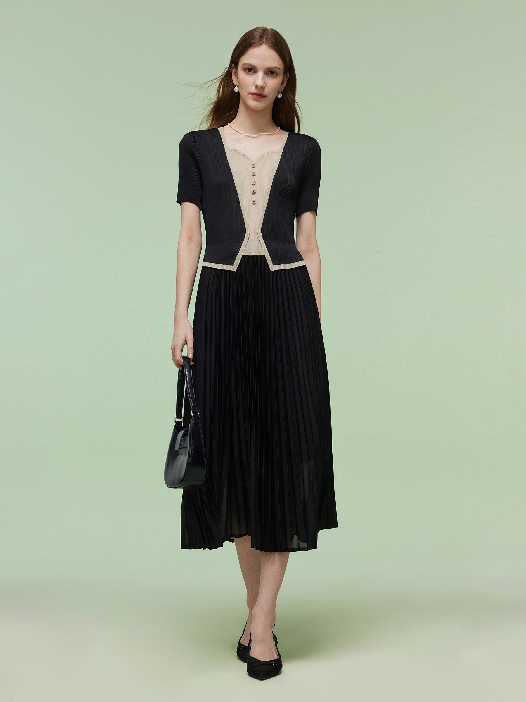 Mock Layered Women Pleated Maxi Dress GOELIA