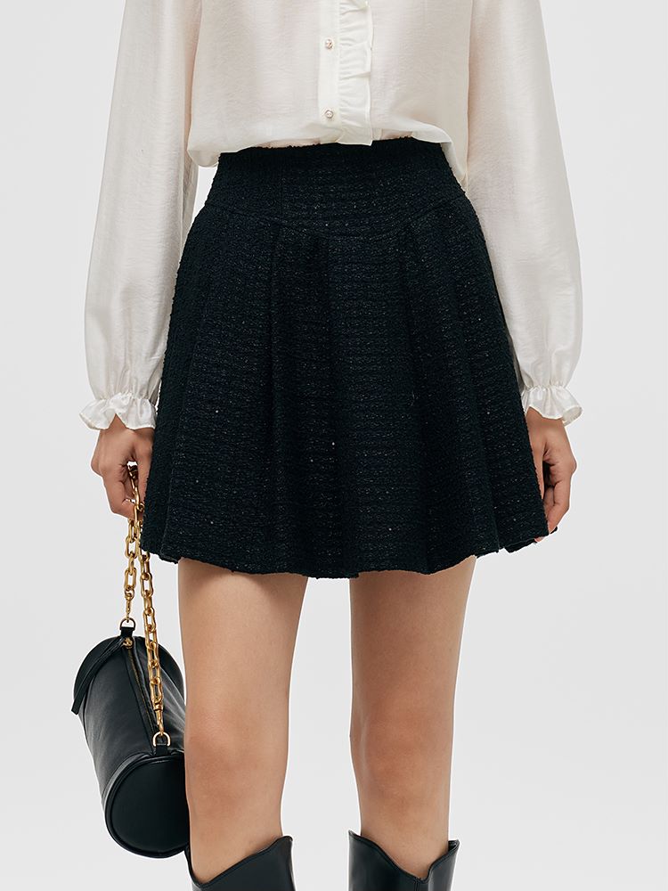 Tweed Sequins A-Line Pleated Women Skirt GOELIA