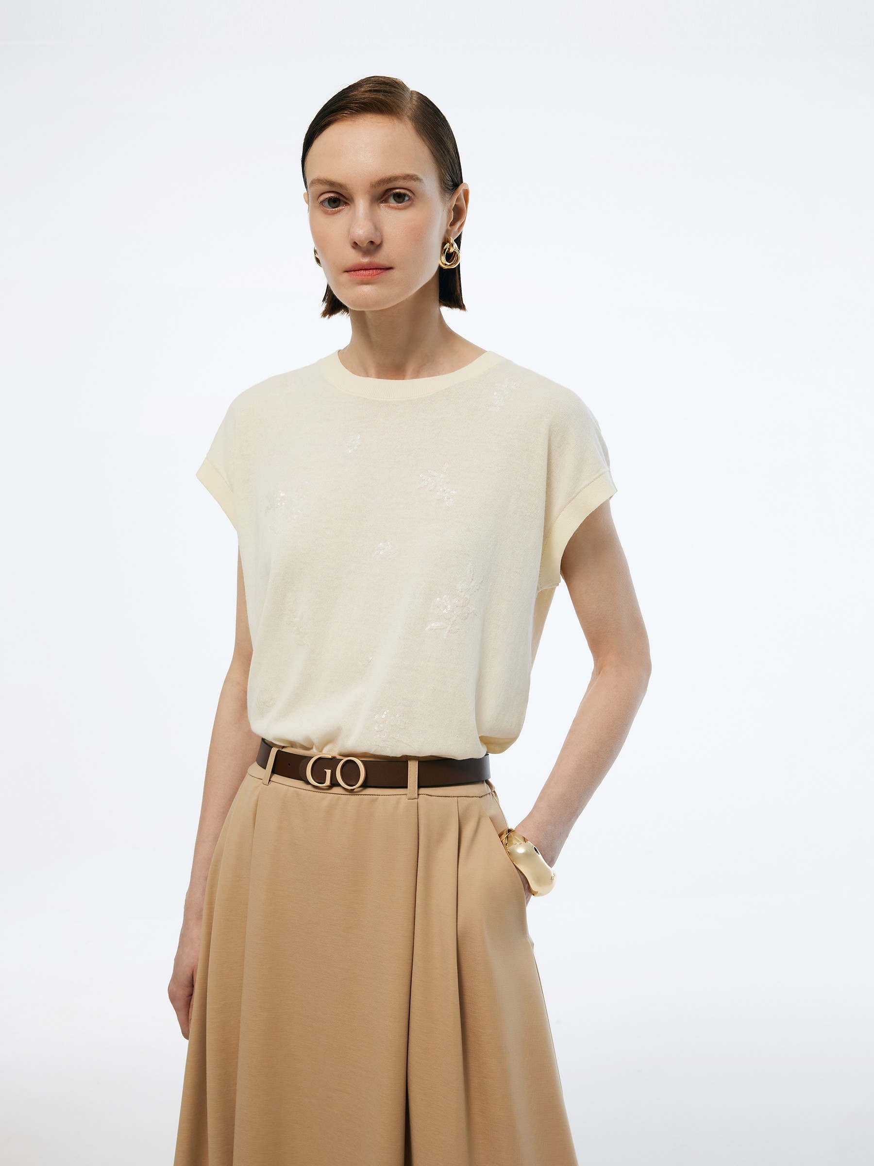 100% Cotton Sequined Embroidered Women Stretchy Knit Top GOELIA