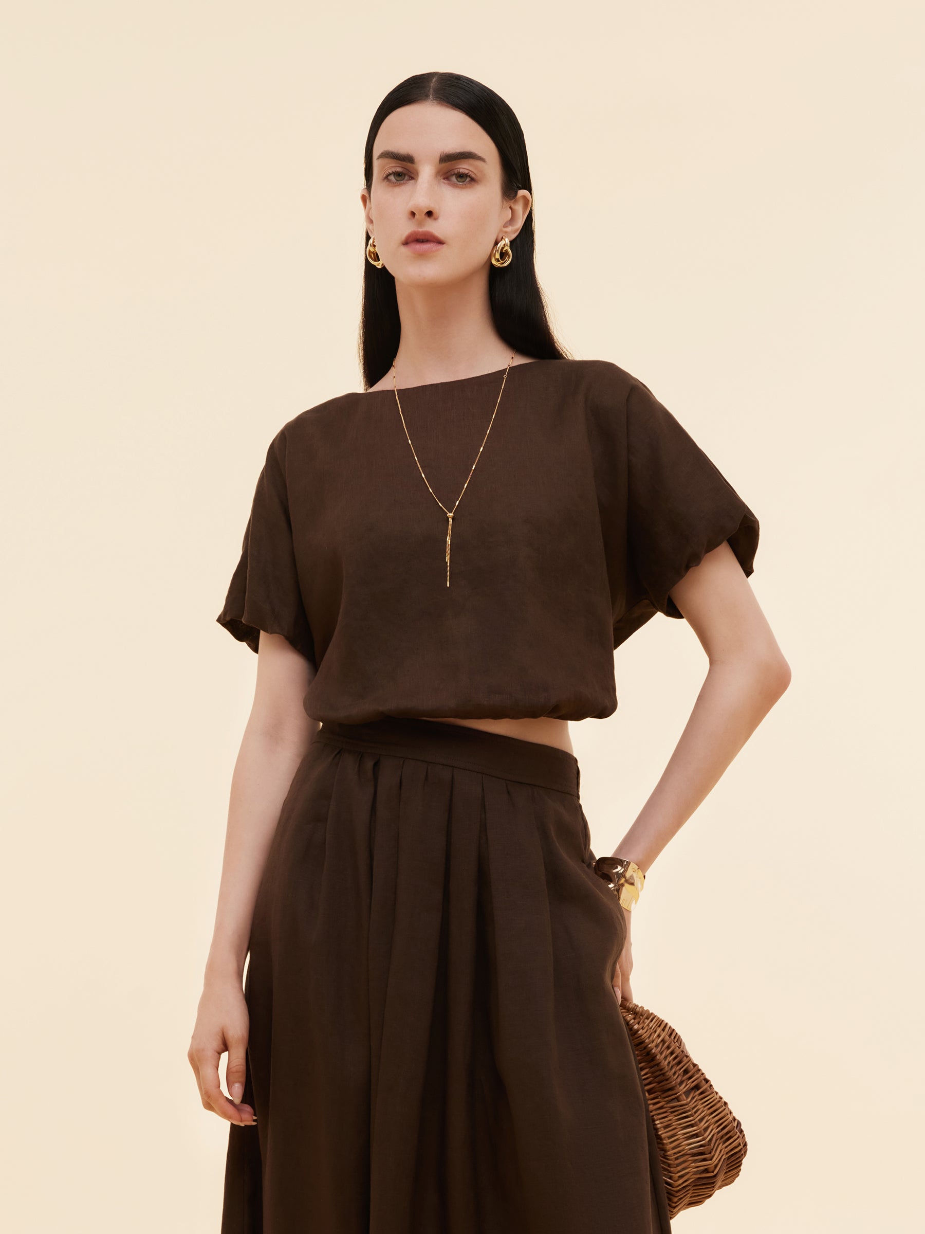 100% Linen Women Bud Sleeve Top GOELIA