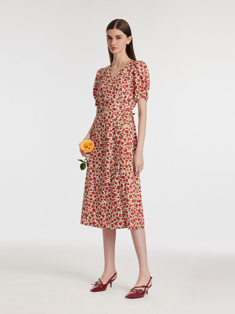 Rose Printed V-Neck Tied Women Midi Dress GOELIA
