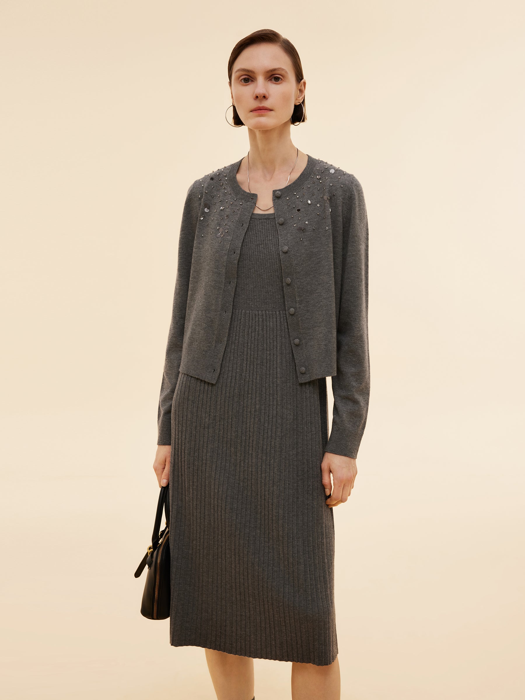 Beaded Sequins Cardigan And Pleated Sleeveless Midi Dress Two-Piece Set, Smoke Grey / XXS