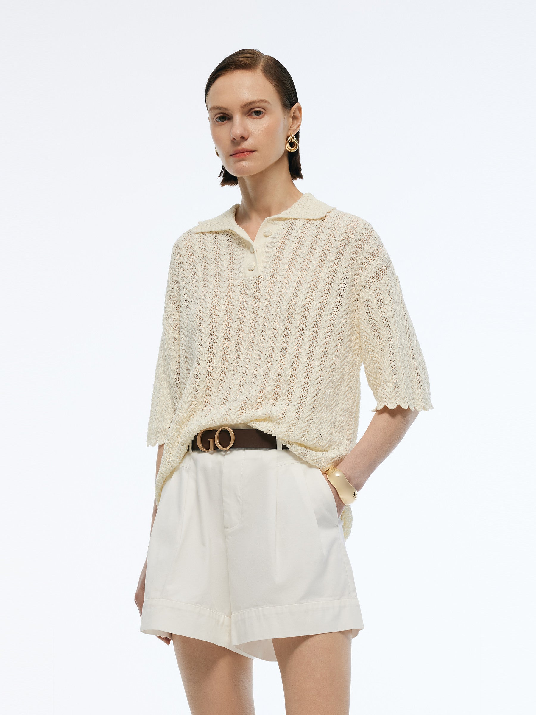 100% Cotton Openwork Women Knit Polo Top GOELIA