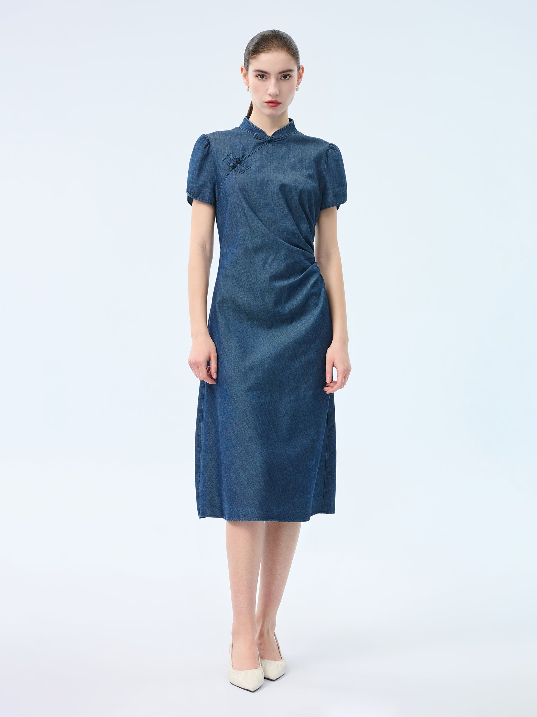 Tencel Blend Denim Side Twist Women Qipao Midi Dress, Dark Denim / S Tencel Blend Denim Side Twist Women Qipao Midi Dress, Dark Denim / S