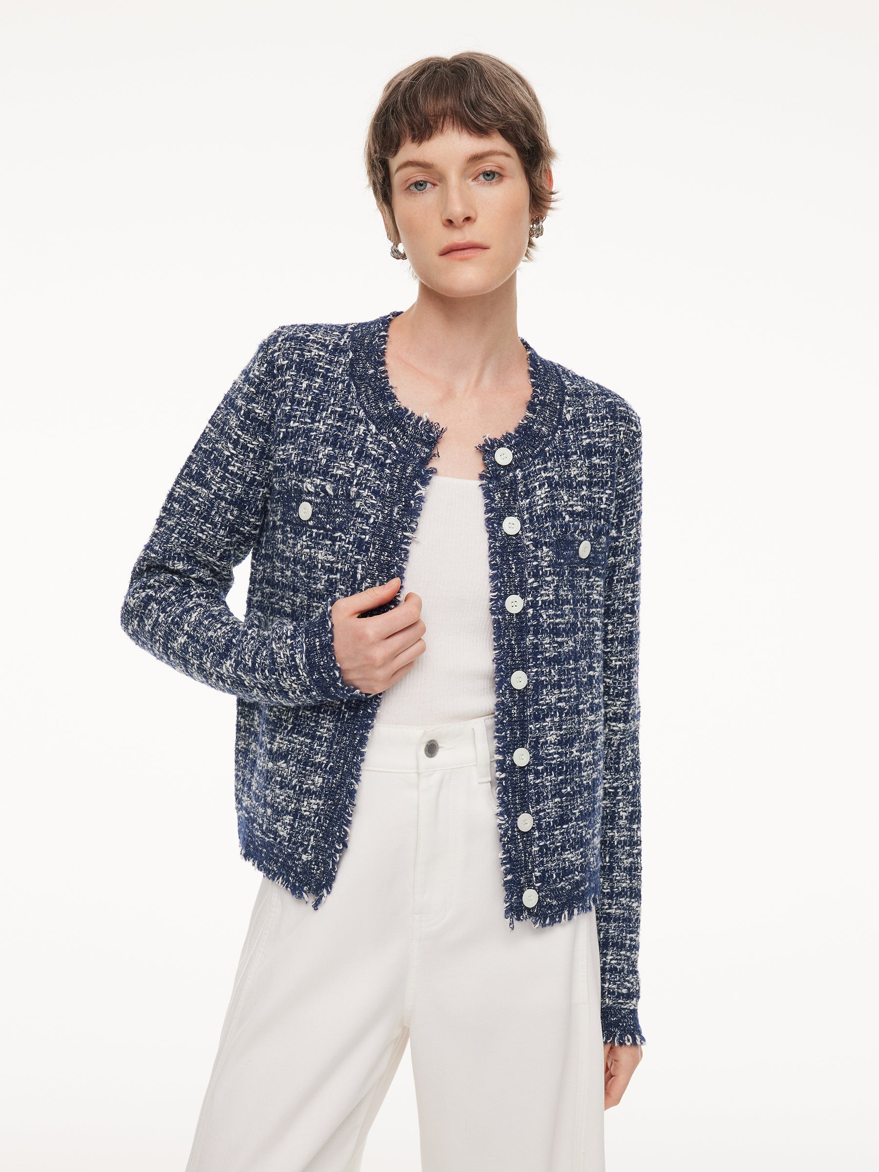 Wool Cotton Blend Frayed Trim Women Cardigan – GOELIA