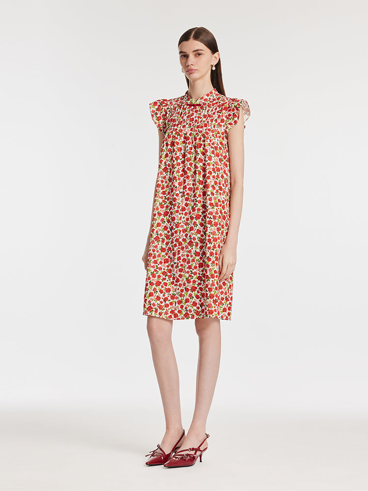 Rose Printed Ruffle Sleeves Mandarin Collared Women Mini Dress GOELIA