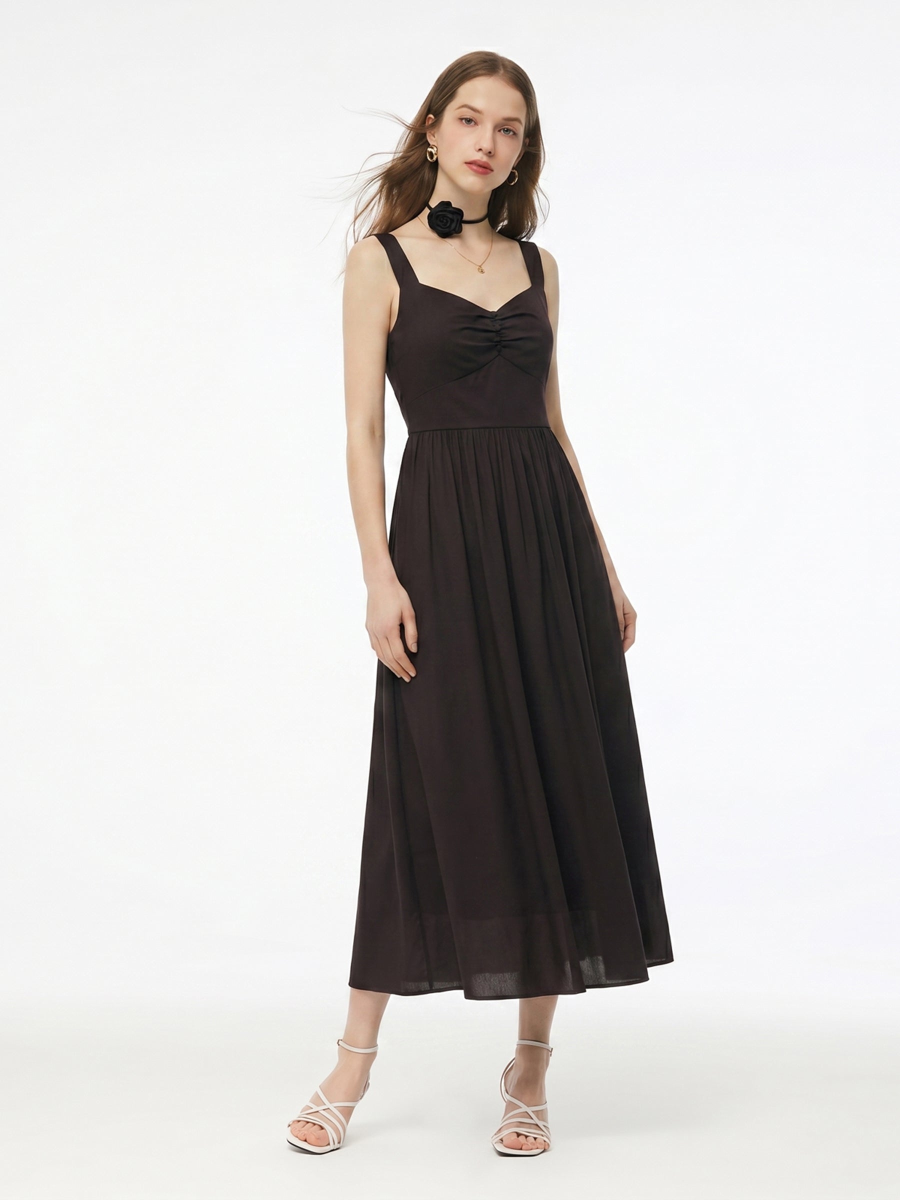 ladies maxi cotton dresses Pre-Order Cotton Sleeveless Women Maxi Dress With Detachable Chest Pads And Floral Choker, Dark Brown / M
