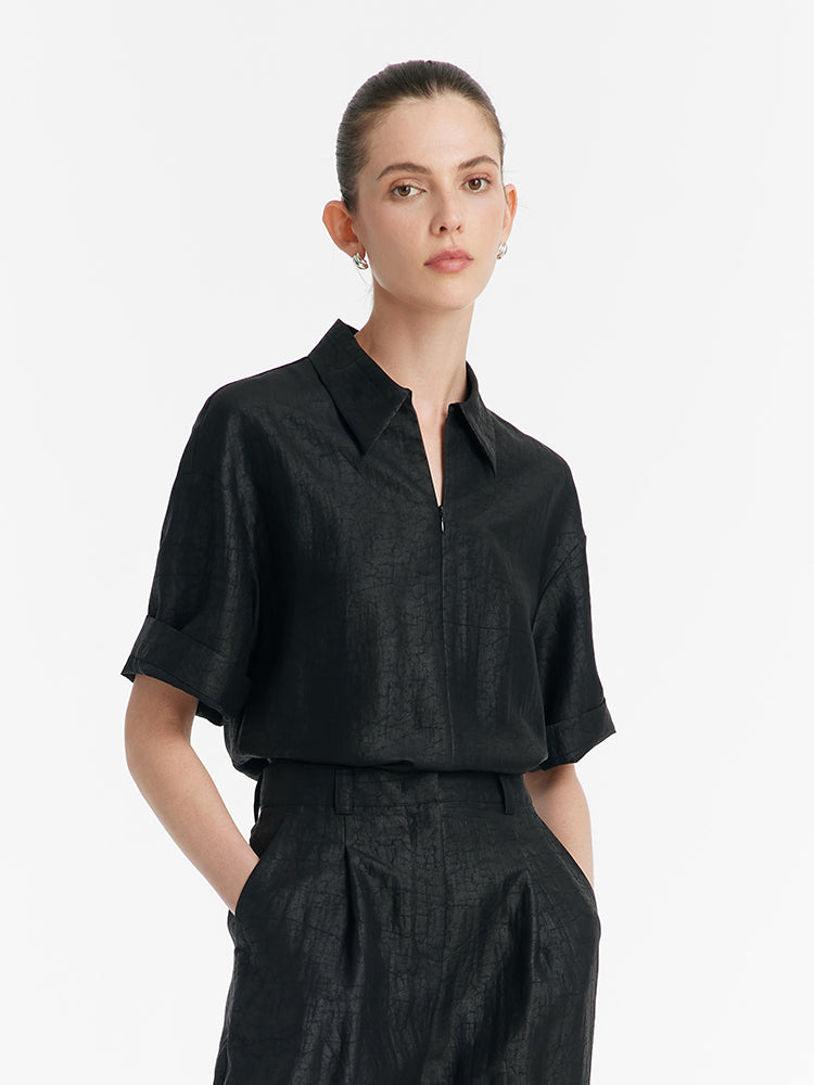 18 Momme Xiang Yun Silk Women Shirt With Zippered Lapel Collar GOELIA