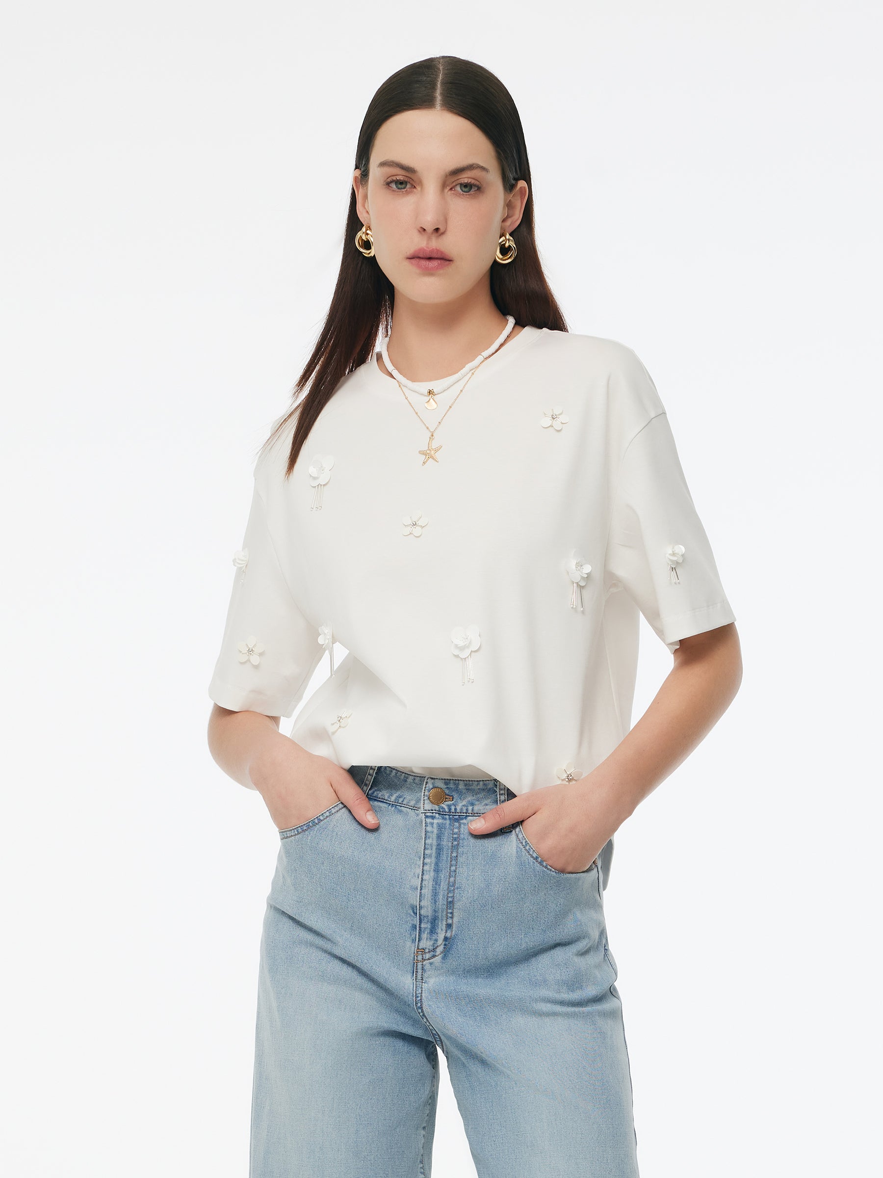 100% Cotton 3D Floral Beaded Women T-Shirt GOELIA